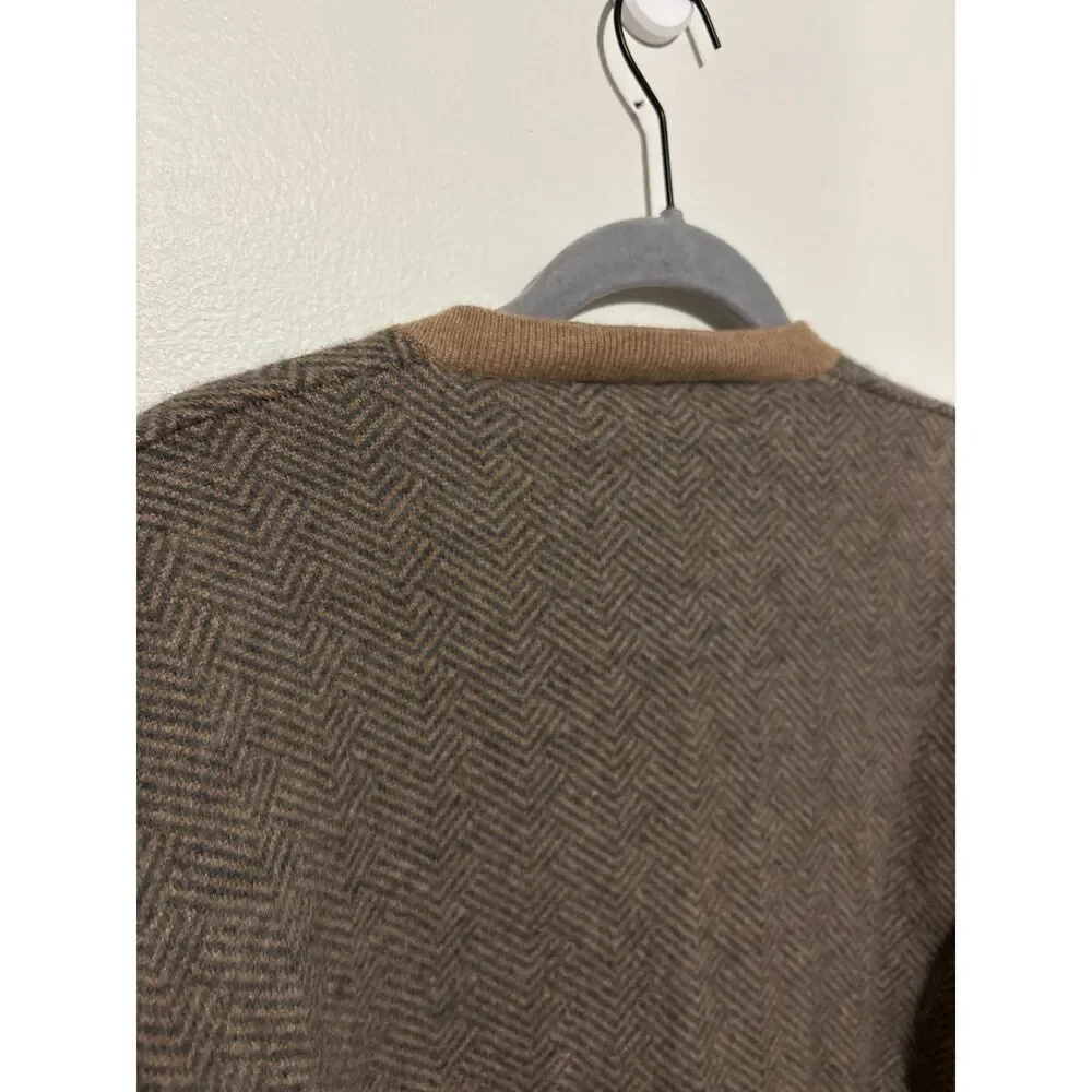 Orvis 100% Cashmere‎ V Neck Sweater Herringbone Brown Tan Medium Preppy Luxury